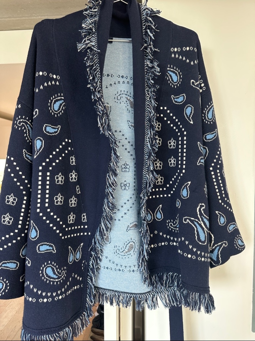 GAP Navy and Light Blue Paisley Fringe Open-Front Cape
